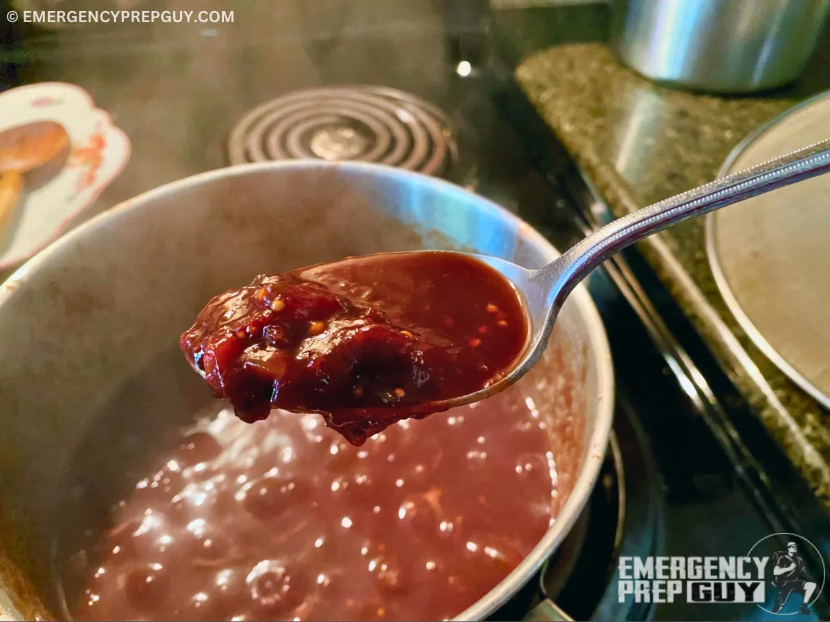 Cooked spicy plum sauce ready for canner
